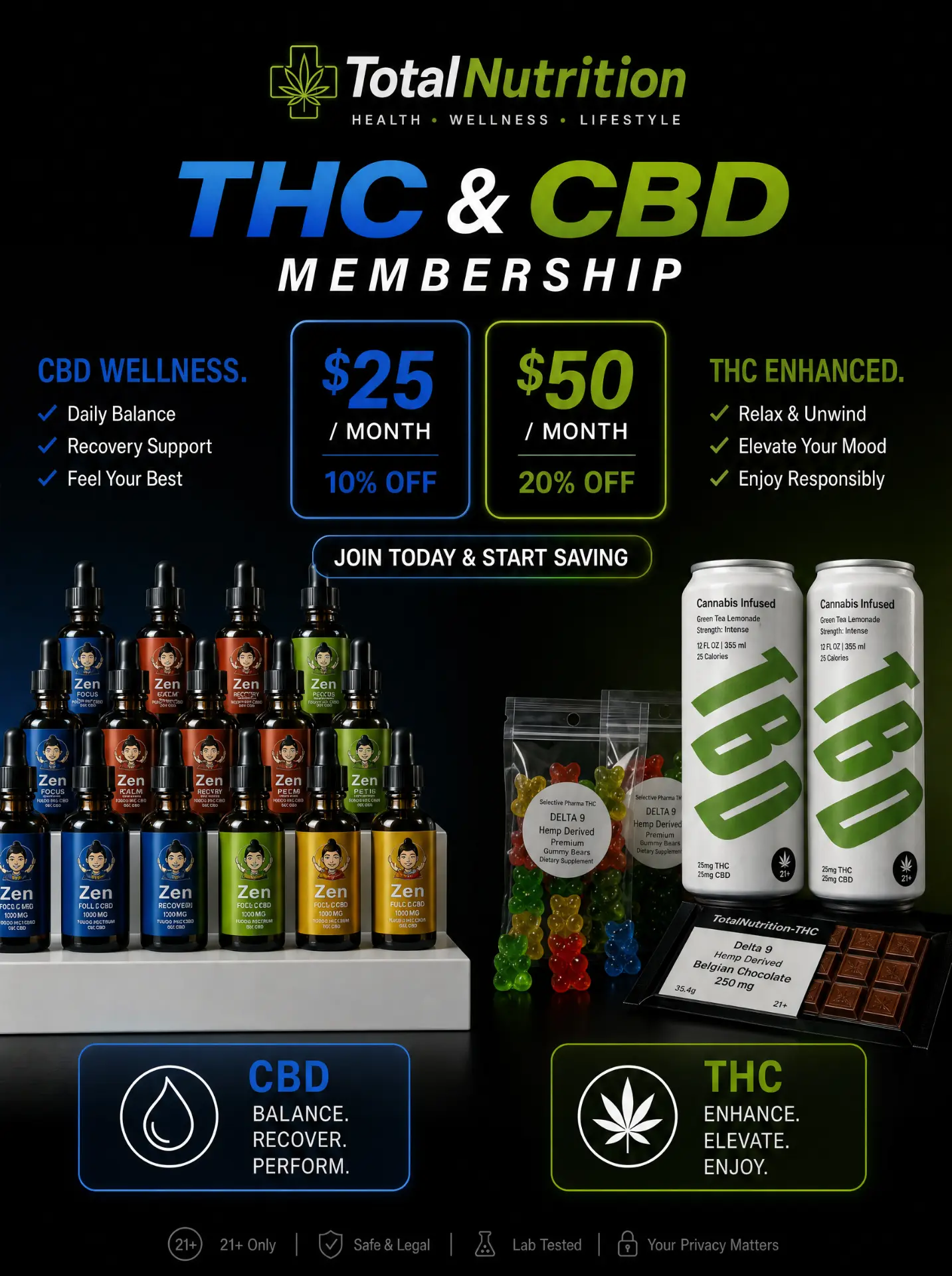 Total Nutrition THC & CBD Membership — Standard $25 per month for 10% off eligible in-store purchases, Premium $50 per month for 20% off. Join today and start saving. 21+ only, lab tested.