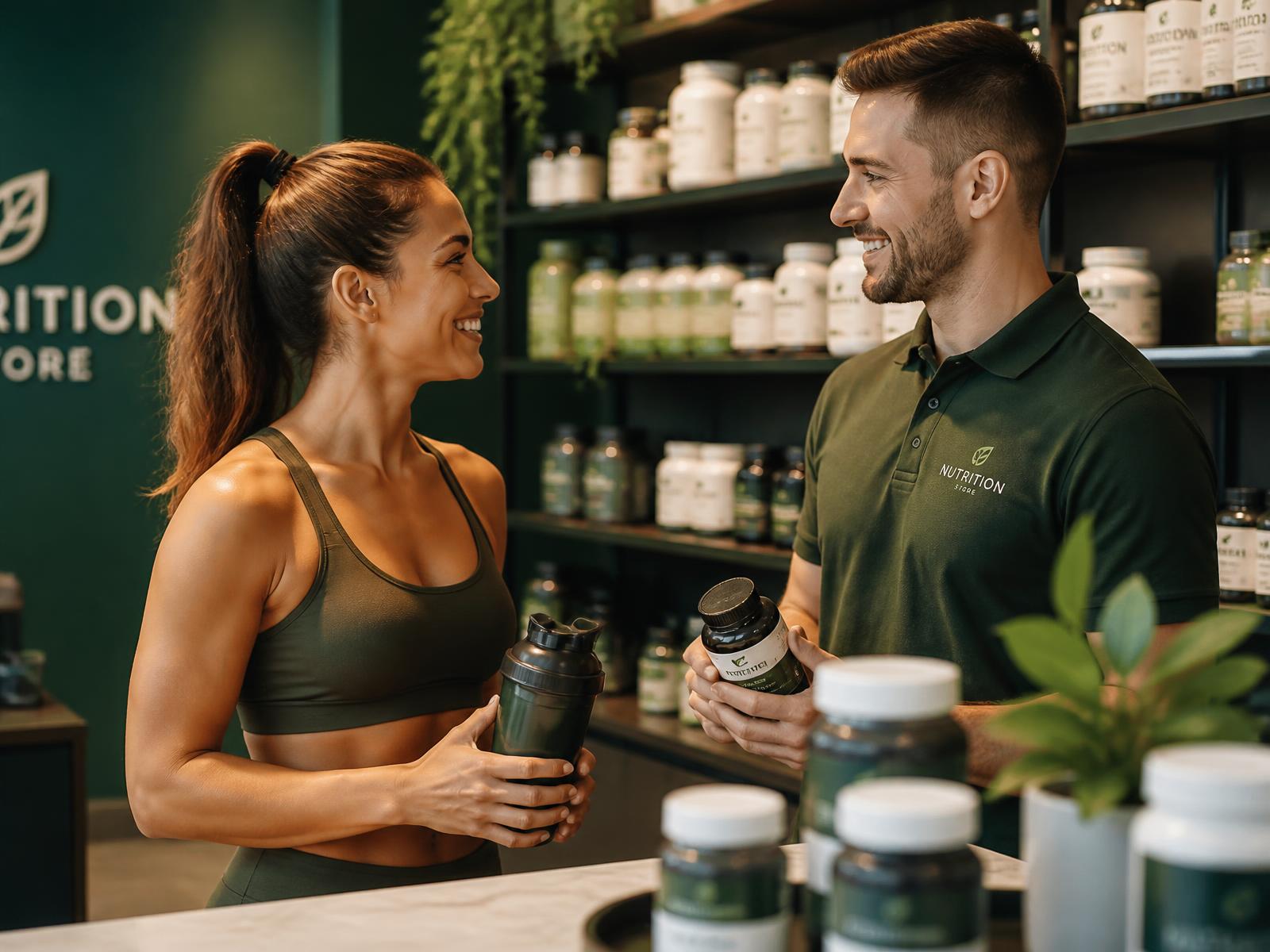 A Total Nutrition team member helping a member choose supplements in store